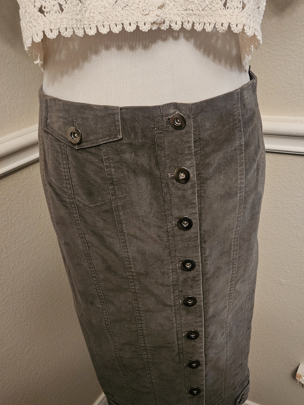 Byron Lars Gray Button-Front Cord Pencil Skirt